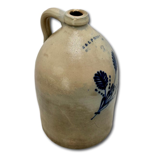 Blue Beautiful Antique American Blue Flower Decorated 3 Gallon Size Stoneware Jug by E & L P Norton in Bennington Vermont For Sale - Image 8 of 18