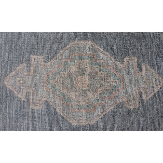 Textile Medallion Designed Modern Oushak With Blue Background and Cream Border 2'7 X 3'11 For Sale - Image 7 of 9