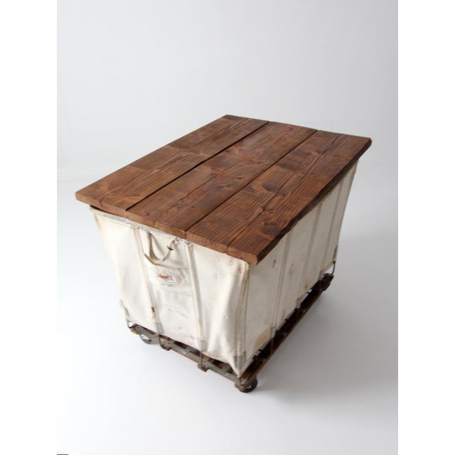 Cream Vintage Dandux Industrial Laundry Cart With Wood Top For Sale - Image 8 of 18