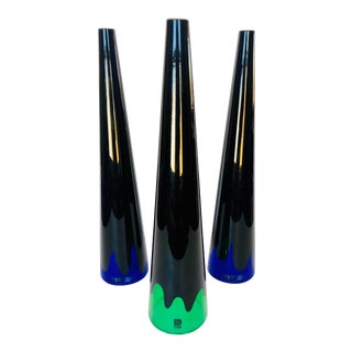 Vintage Vetri Murano Green Blue Glass Cone Sculptures- Set of Three For Sale