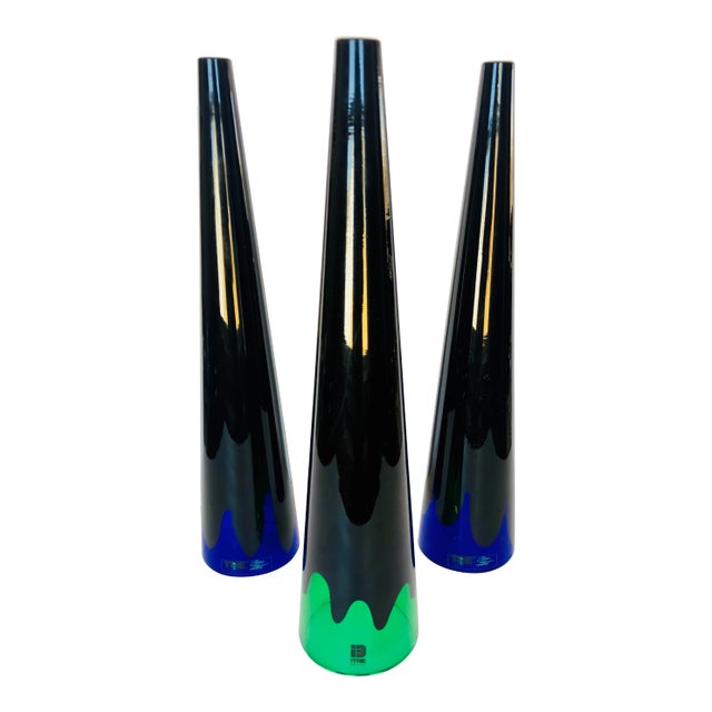 Vintage Vetri Murano Green Blue Glass Cone Sculptures- Set of Three For Sale