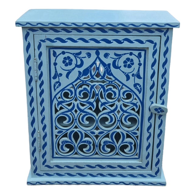 Hand Painted Mediterranean Medicine Cabinet / Wall Shelf / Turquoise and Blue Zouak For Sale