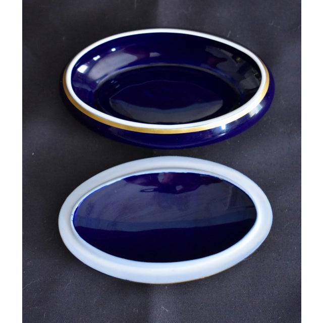 Limoges Oval Trinket Box France Cobalt Blue Porcelain Gold Floral 22k Vintage For Sale - Image 12 of 15