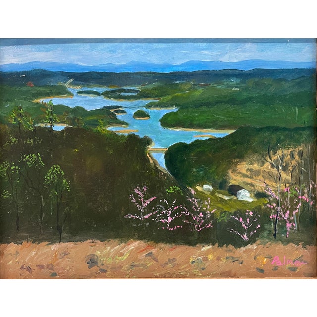 1960s mountain landscape oil on board painting by Palmer. This was found in East Tennessee and was probably depicting the...