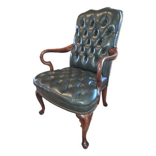 Vintage Fully Tufted Green Leather Gooseneck Chair For Sale