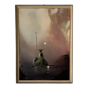 1960's L. Zevallos Moomlight Fishing Boat Landscape Oil Painting, Framed