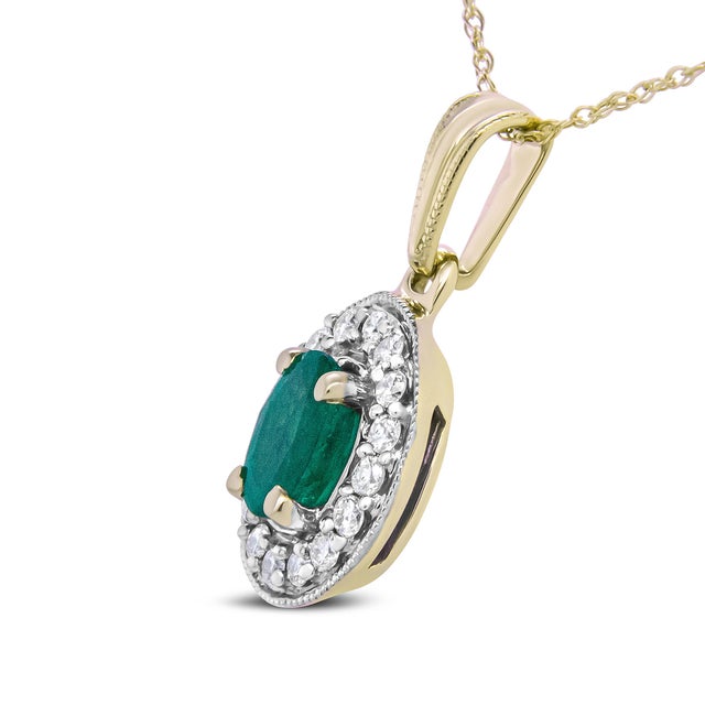 Contemporary 14K Yellow Gold 6x4mm Emerald and 1/5 Cttw Round Diamond Halo Pendant 18" Necklace For Sale - Image 3 of 5