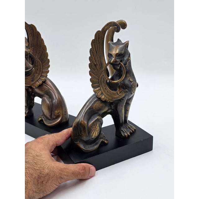 Rare Pair of Antique Early 20th C Bronze Winged Griffin Bookends on Pedestal. For Sale - Image 11 of 16