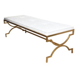 Vintage RareTommi Parzinger Gold Leaf Over Iron and White Velvet Upholstered Bench Restored For Sale