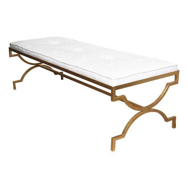 Vintage Tommi Parzinger Rare Gold Leaf Over Iron and White Velvet Upholstered Bench Restored For Sale