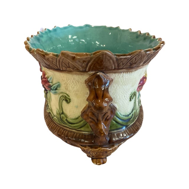 Traditional Late 19th Century Victorian French Majolica Footed Floral Jardiniere For Sale - Image 3 of 6