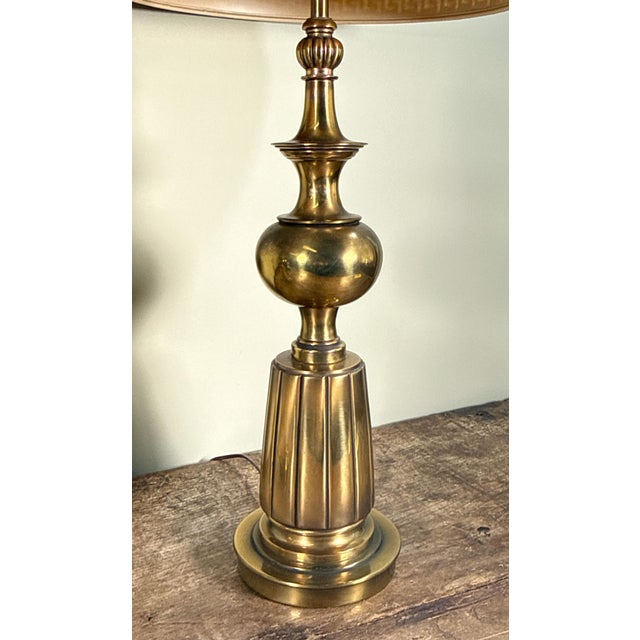 Hollywood Regency Stiffel Style Hollywood Regency Brass Table Lamps With Greek Key Shades - A Pair For Sale - Image 3 of 8