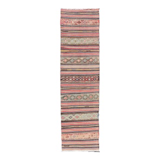 Vintage Turkish Kilim With Horizontal Stripes and Tribal Motifs in Bright Tones For Sale