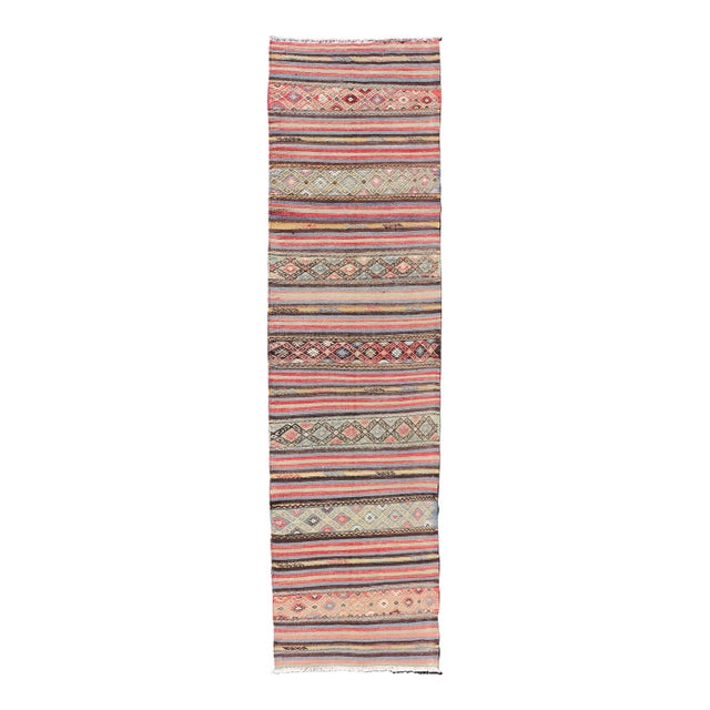 Vintage Turkish Kilim With Horizontal Stripes and Tribal Motifs in Bright Tones For Sale