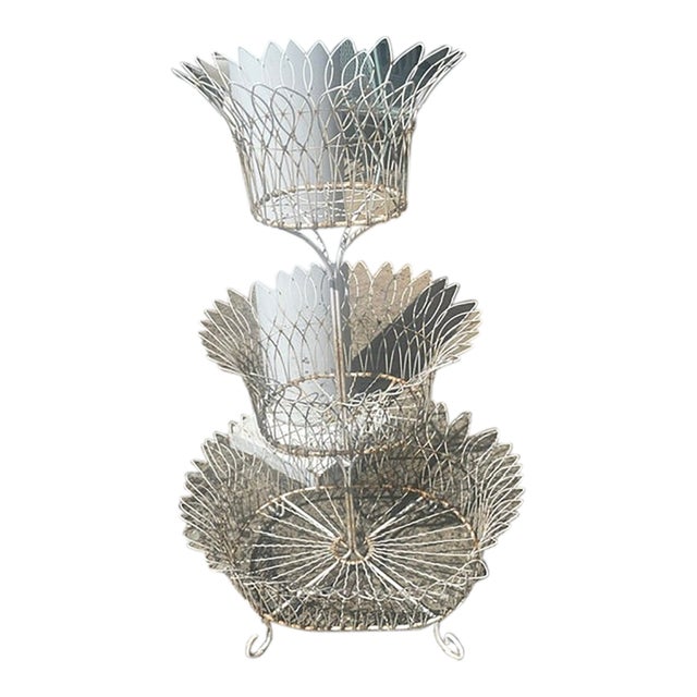 Vintage French Style White Wire / Metal 3 Tier Oval Planter or Display Rack For Sale