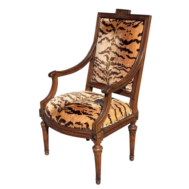Antique Directoire Fauteuil Arm Chair W Scalamandre Tigre Silk Velvet. Provenance: Joanne Carson Estate