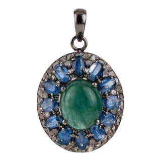 Modern-Style Emerald and Kyanitre Oval Statement Pendant for Women For Sale
