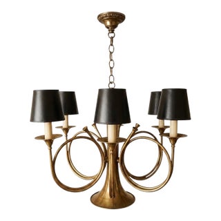 English Hunt Equestrian Style French Brass Horn Chandelier Att. To Chapman - 6 Arm For Sale
