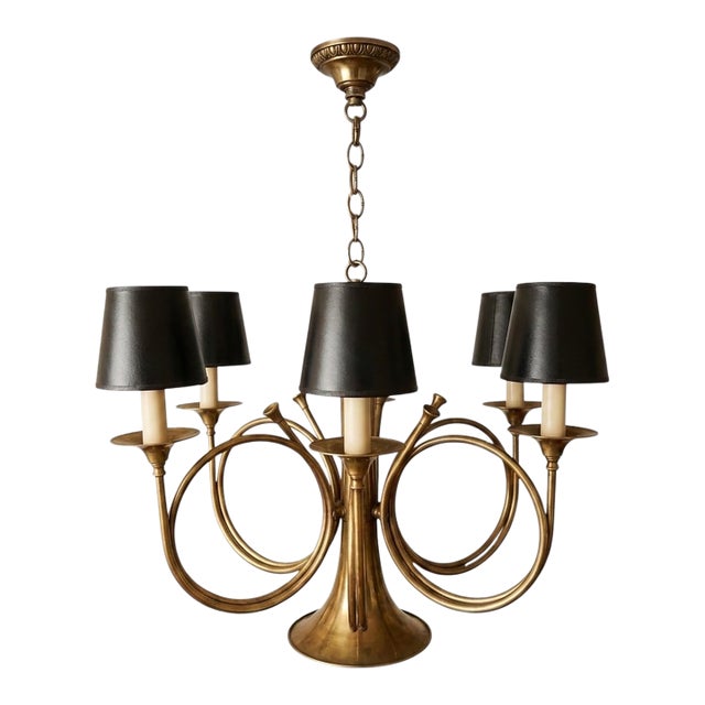 English Hunt Equestrian Style French Brass Horn Chandelier Att. To Chapman - 6 Arm For Sale