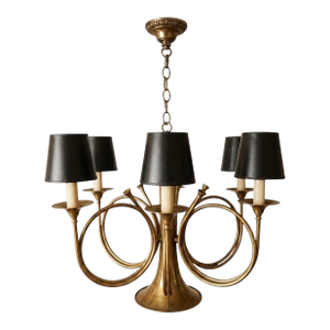 English Hunt Equestrian Style French Brass Horn Chandelier Att. To Chapman - 6 Arm