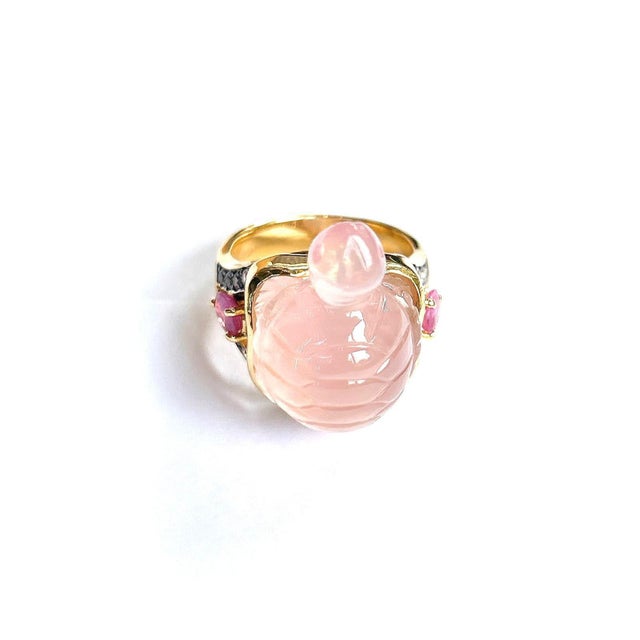 Bochic “Orient” Turtle Rose Quartz & Ruby Ring Set In 18K Gold & Silver Rose Quartz - 11 Carats Ruby - 2 Carats Diamonds...