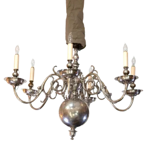 Flemish Baroque Style Silver Plated Cast Bronze Six Light Chandelier Netherlands Circa 1870