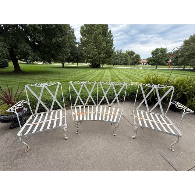 Highly desirable vintage Woodard Chantilly Rose three-piece curved outdoor sofa with arms on each end, featuring the...