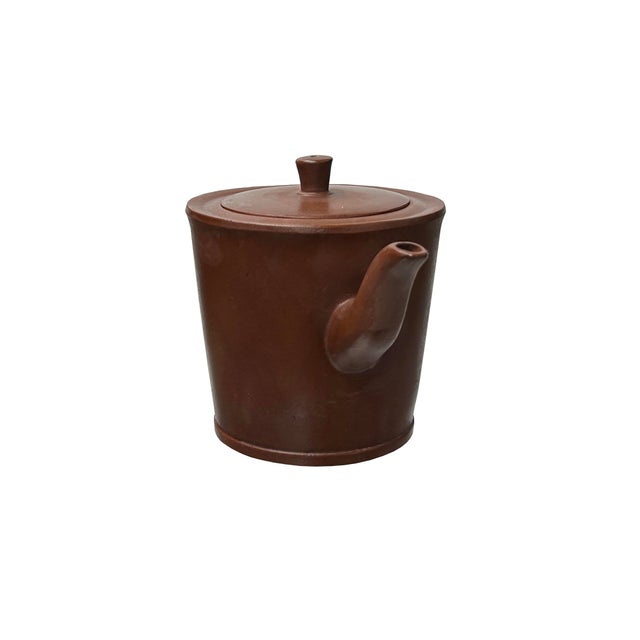 Asian Vintage Brown Simple Cylindrical Plain Zisha Clay Teapot Art Display For Sale - Image 3 of 9