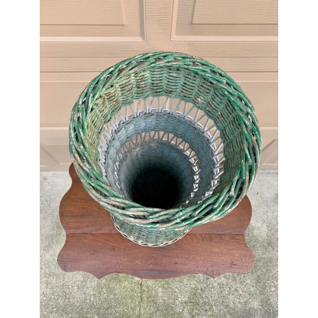 Antique Painted Wicker Umbrella Basket With Green and White Surface For Sale - Image 10 of 12