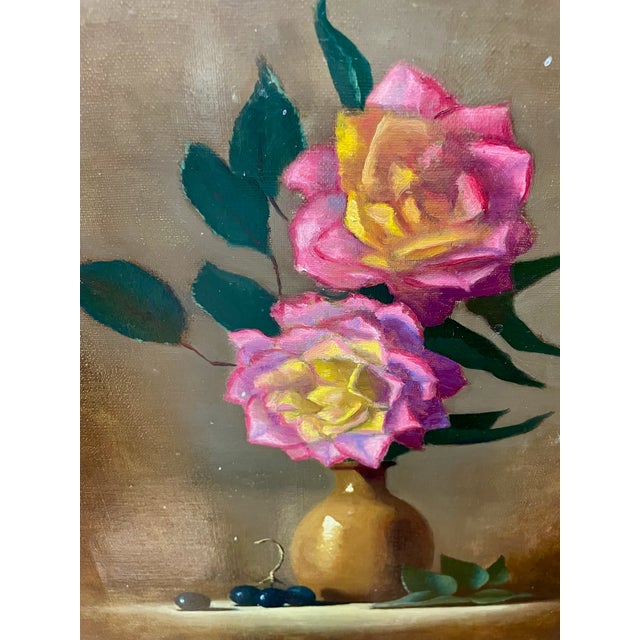 The handwritten note on the bottom stretcher strip in back reads “Dear Ted, I’m glad you appreciate these Peace roses from...