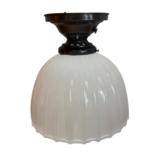 Antique Moonstone Glass Fluted Flushmount Ceiling Light Fixture For Sale - Image 4 of 7