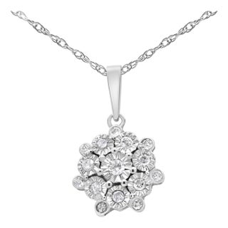 .925 Sterling Silver 1/4 cttw Diamond Floral Cluster Pendant Necklace (I-J, I2-I3) For Sale