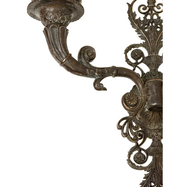 Large Pair of French Patinated Bronze Neoclassical Sconces, Mid 20th Century For Sale - Image 17 of 18
