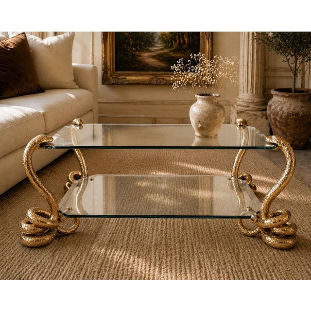 Alain Chervet 1970s Serpent Cocktail Coffee Table Glass 2 Tier Alain Chervet Style Gold Tone For Sale - Image 4 of 11