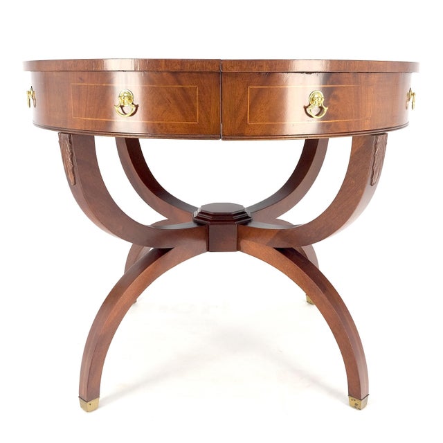 Round Mahogany Single Pedestal Drum to Duning Table w/ 2 Extension Boards Mint For Sale - Image 11 of 12