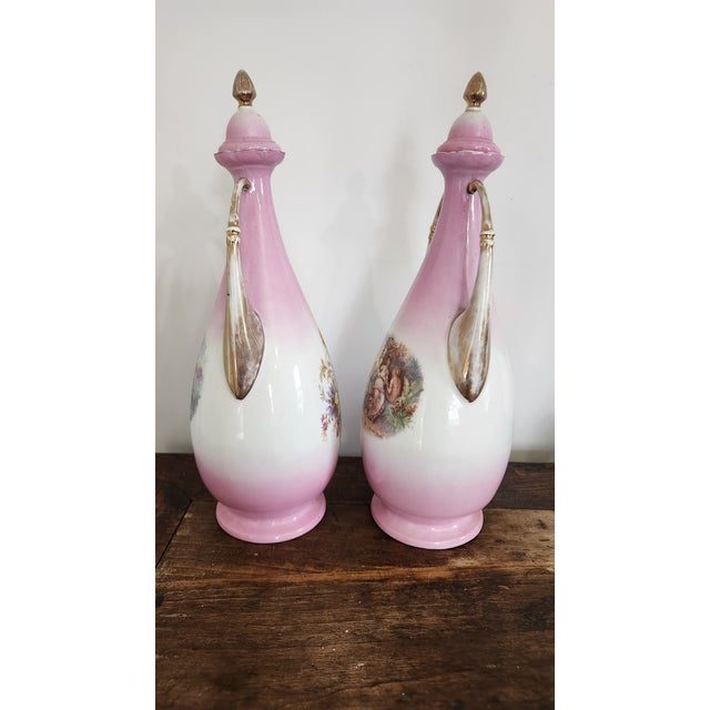Victorian Antique Austrian Carl Larsen “Ruby & Emerald” Pink Porcelain Lidded Urn Vases – Pair, Circa 1900 For Sale - Image 3 of 18