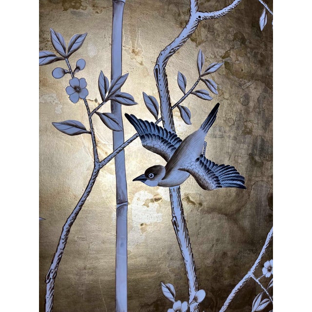 Gold Set of 3 Hand Painted Gold Leaf Chinoiserie Wallpaper Panels, Monochrome Bird & Bamboo Floral Mural, Custom Size Available For Sale - Image 8 of 9