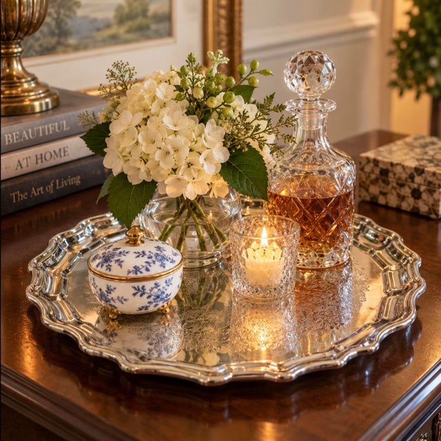 Beautiful vintage Reed & Barton silverplate serving tray in the classic Chippendale pattern. This substantial round tray...