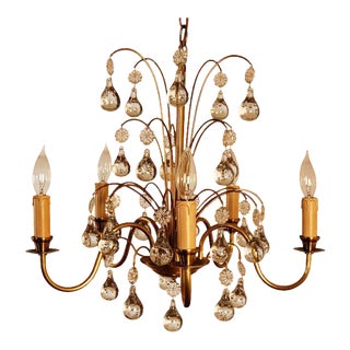 Vintage Swedish Brass and Crystal Chandelier by Orrefors For Sale