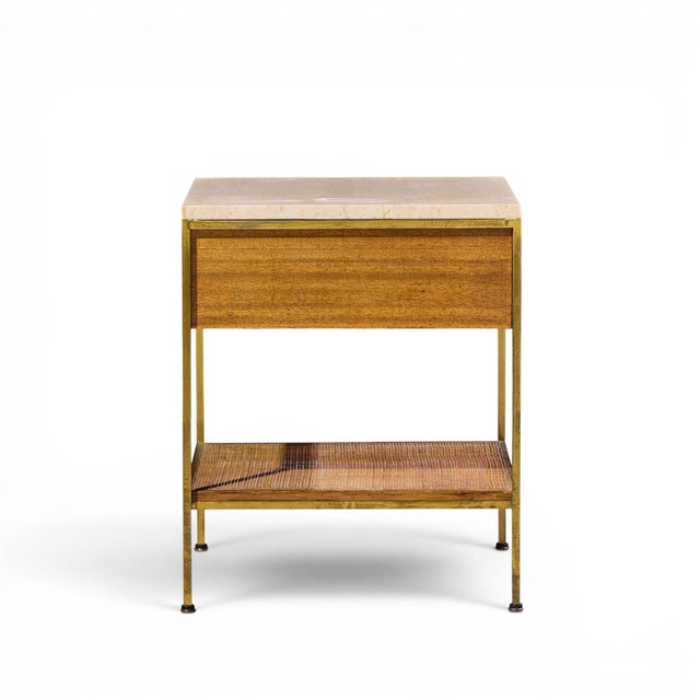 Mid 20th Century Paul McCobb for Calvin Irwin Group Model 8714 Mid Century Bleached Mahogany, Cane, Brass and Travertine Nightstand - Pair For Sale - Image 5 of 13