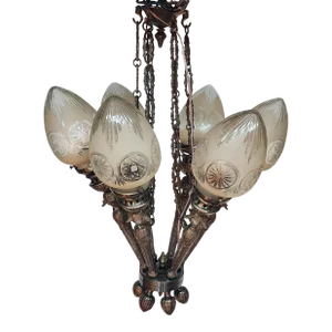 Vintage Art Deco Nouveau Mashaal 6 Light Hanging Chandelier
