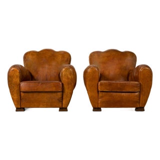 1930s French Art Deco Scalloped Back Cognac Leather Club Chairs, Pair For Sale