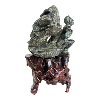 Asian Carved Figurative Precious Stone Sculpture on Root Stand For Sale