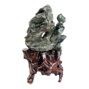 Asian Carved Figurative Precious Stone Sculpture on Root Stand