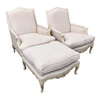 Louis XV Bergere Duo With Matching Ottoman by Wynchwood Design - 3 Pieces For Sale