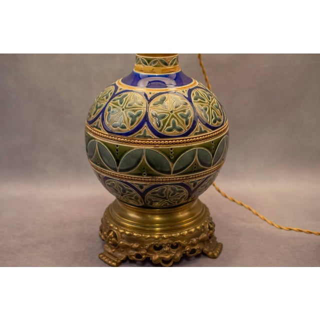 Green Electrified Kerosene Lamps in Glazed Earthenware with Gilt Bronze Mounts and Geometric Decor from Longwy, Late 19th Century, Set of 2 For Sale - Image 8 of 14