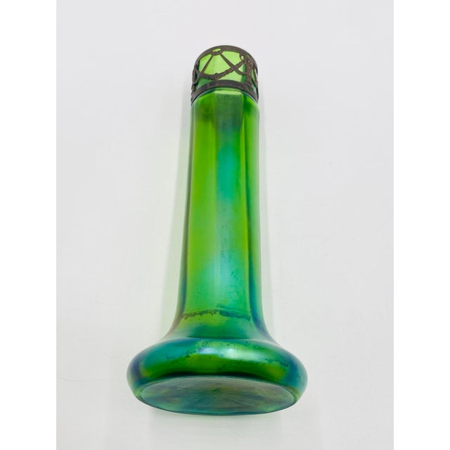 Green Early 20th Century Iridescent Green Glass Vase With Decorative Metal Insert For Sale - Image 8 of 17