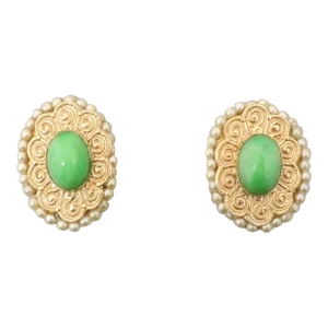 Vintage Signed Napier Oval Goldtone Cabochon Faux-Jade & Faux-Pearl Clip Earrings - 2 Pieces