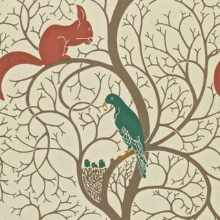 Sanderson Squirrel & Dove Wallpaper in Teal/ Red For Sale