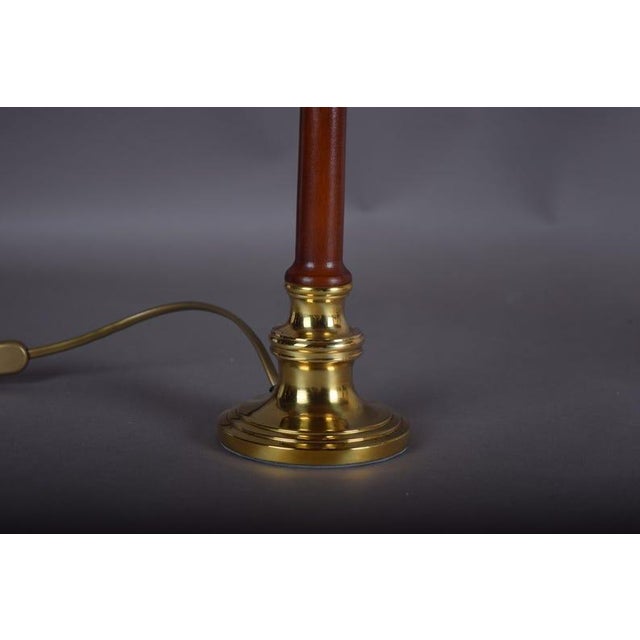Burgundy 1970s Brass and Wood Table Lamps With Pleated Floral Shades - a Pair For Sale - Image 8 of 9